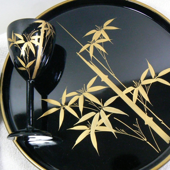 VTG black lacquer Bamboo design gold on black lacquer set of 6 goblets tray Box - Picture 9 of 12